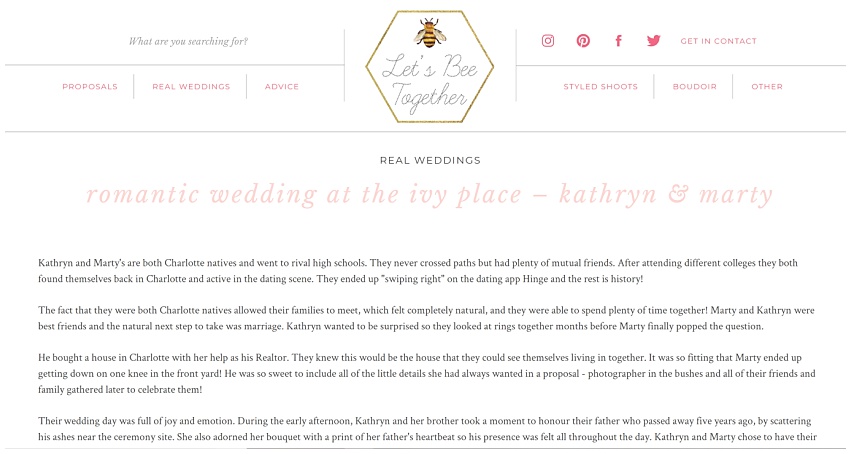 Black Tie Ivy Place Wedding Featured on Let's Bee Together Charlotte Photographer
