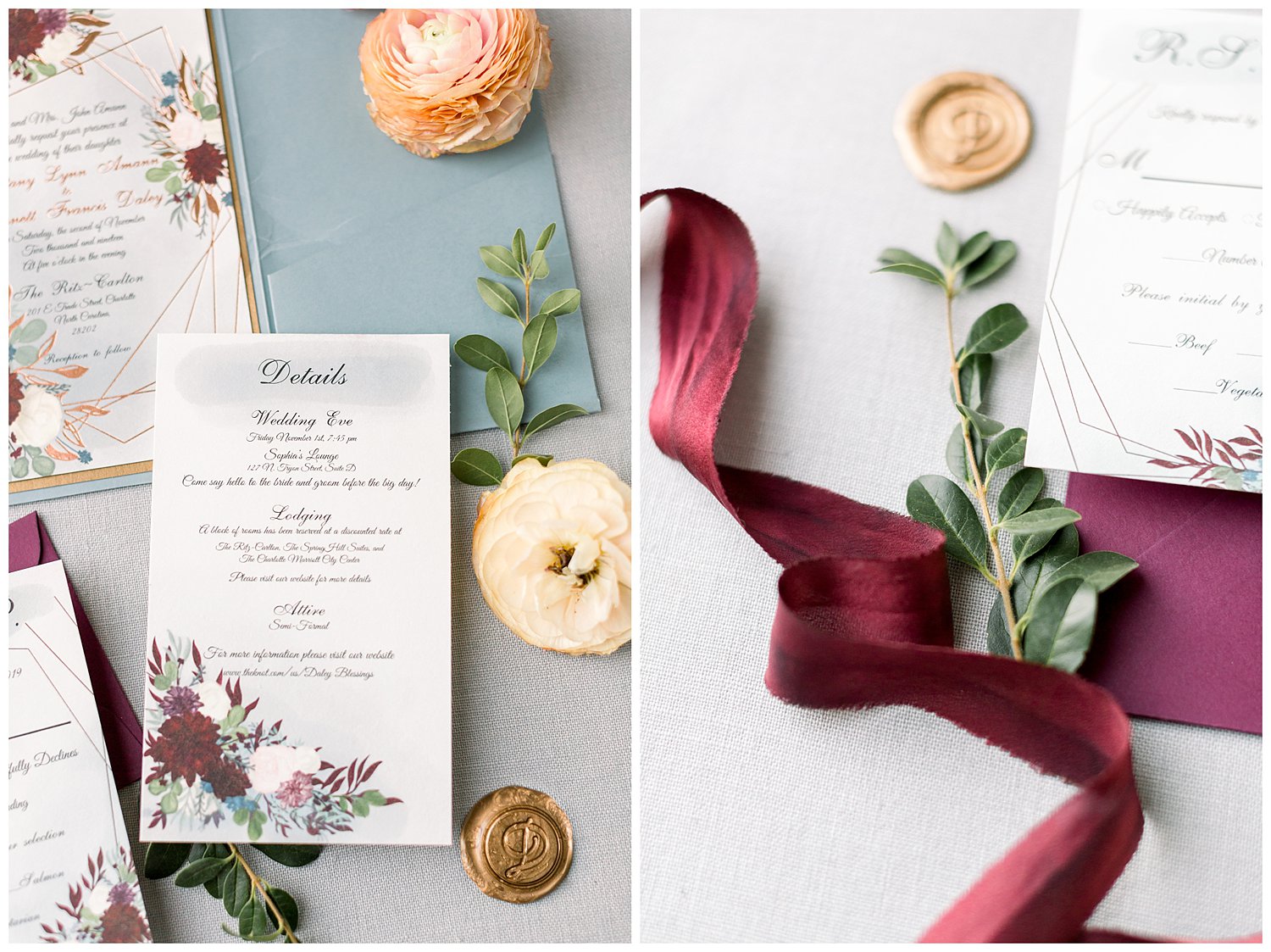 Blue and burgundy wedding invitation suite with wax seal