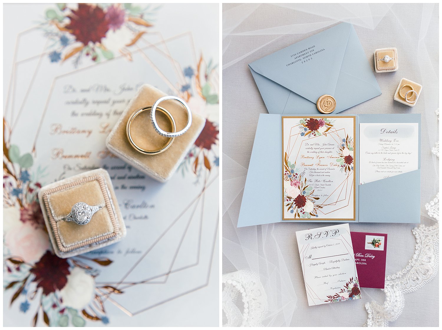 Blue and Burgundy wedding invitation photos with wax seal at the Ritz Carlton
