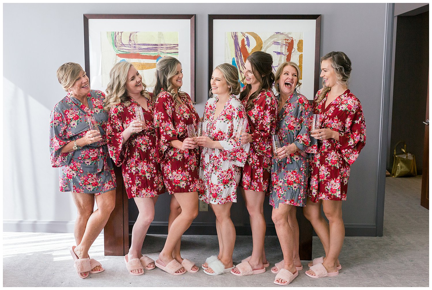 Bridesmaids robe and champagne photo on wedding day