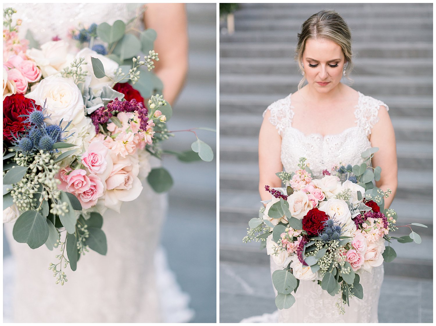 Red, white, greenery and blue wedding bouquet photos