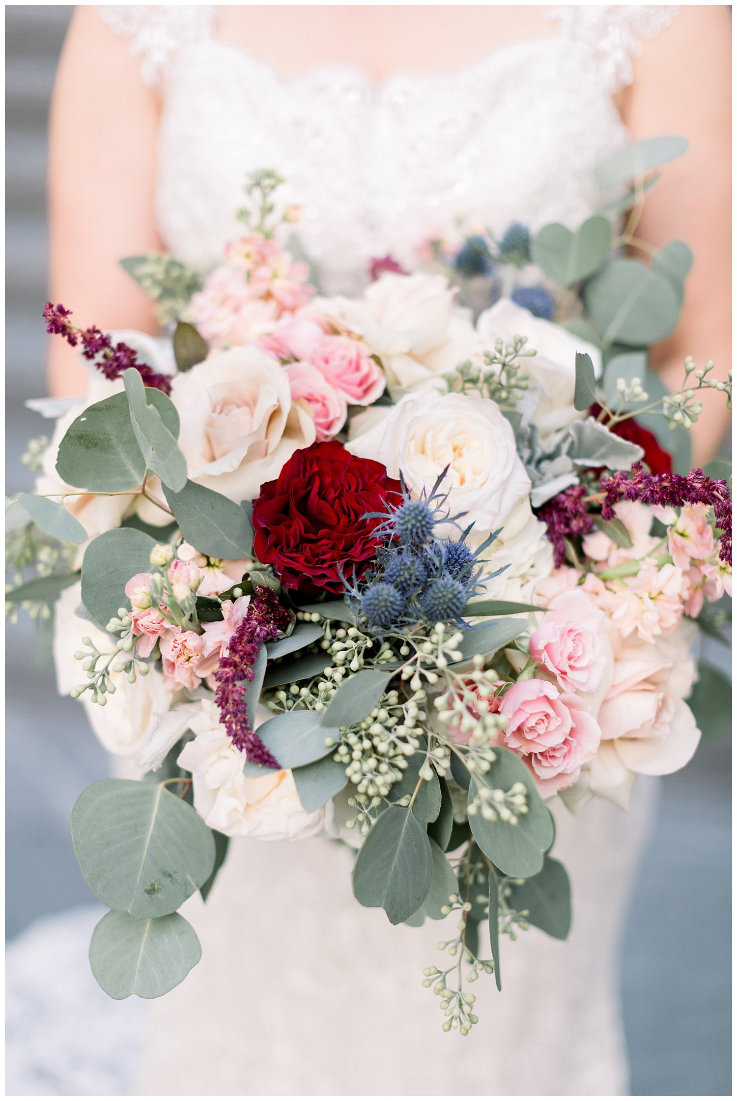 Red, white, greenery, pink and blue wedding bouquet photos