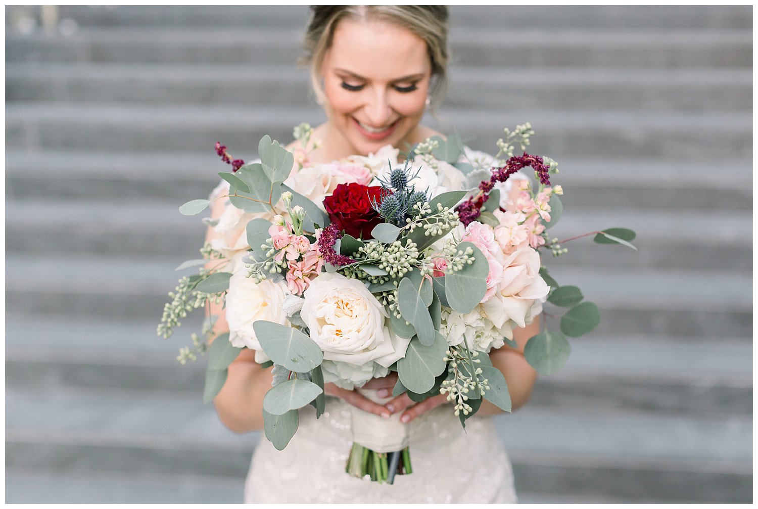 Red, blue, white and greenery wedding bouquet photos