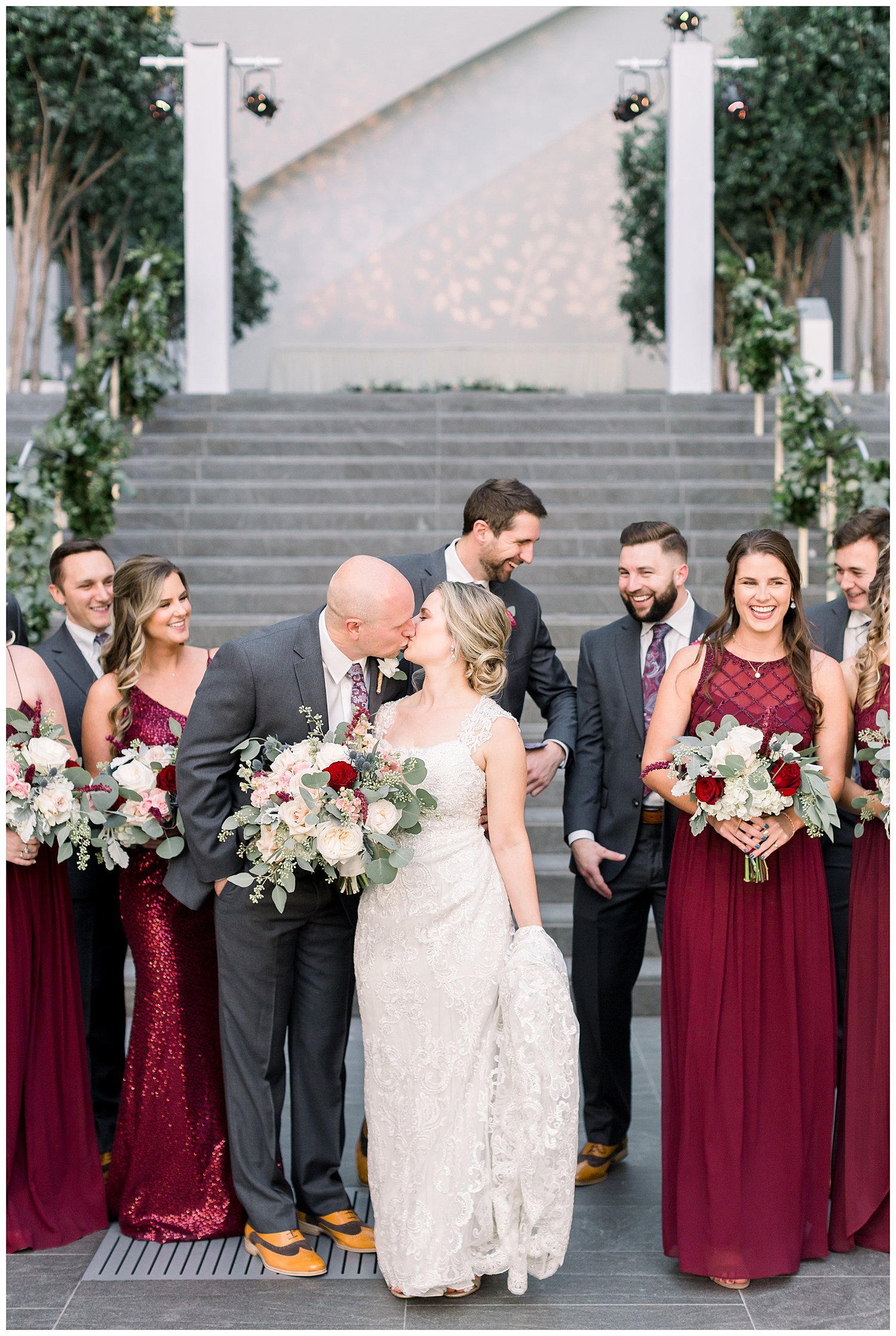 Red and gray wedding party photos for a fall wedding at the Ritz Carlton