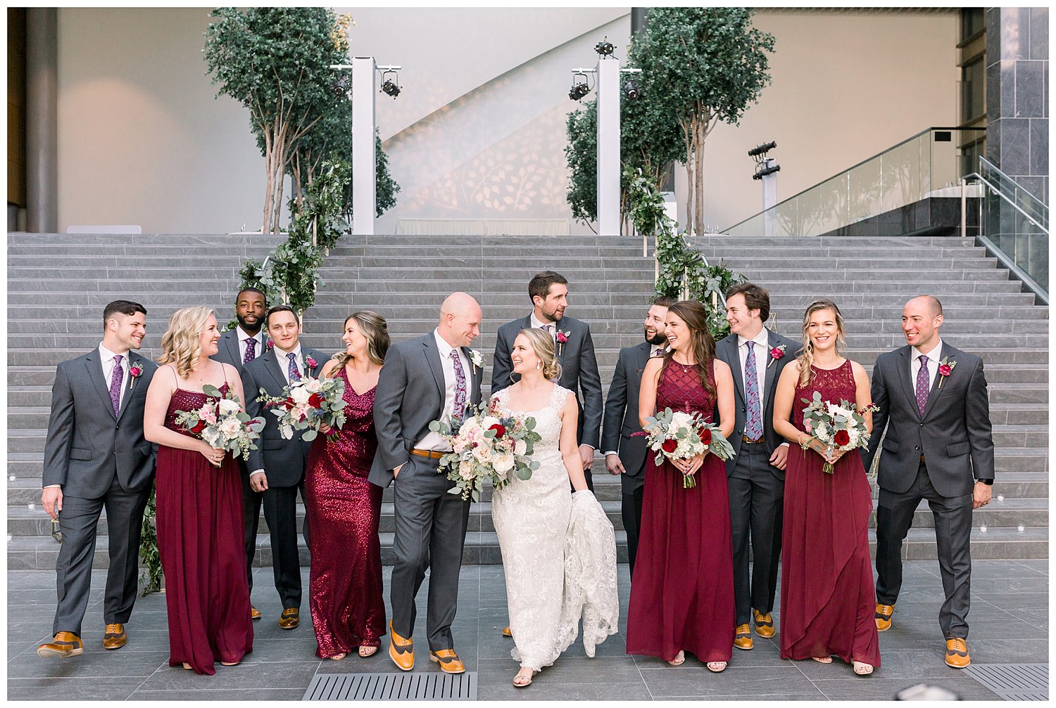 Red and gray wedding party photos for a fall wedding at the Ritz Carlton
