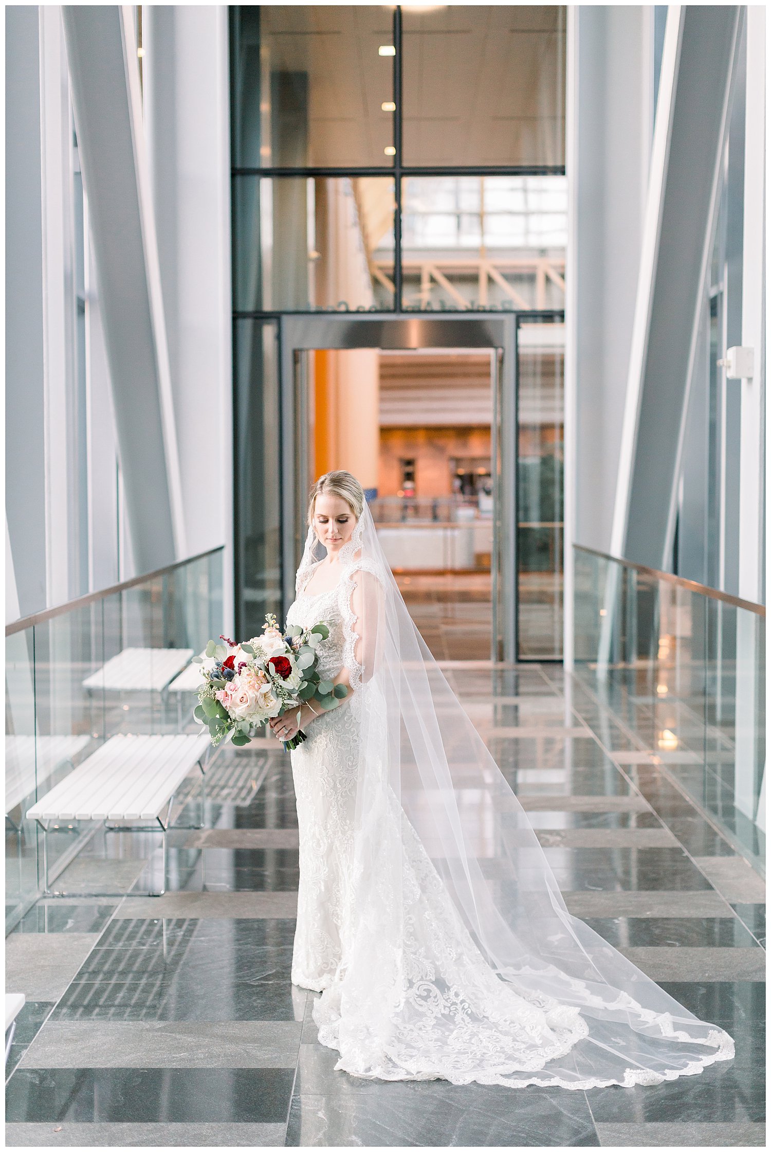 Bridal portrait with cathedral veil at Ritz Carlton