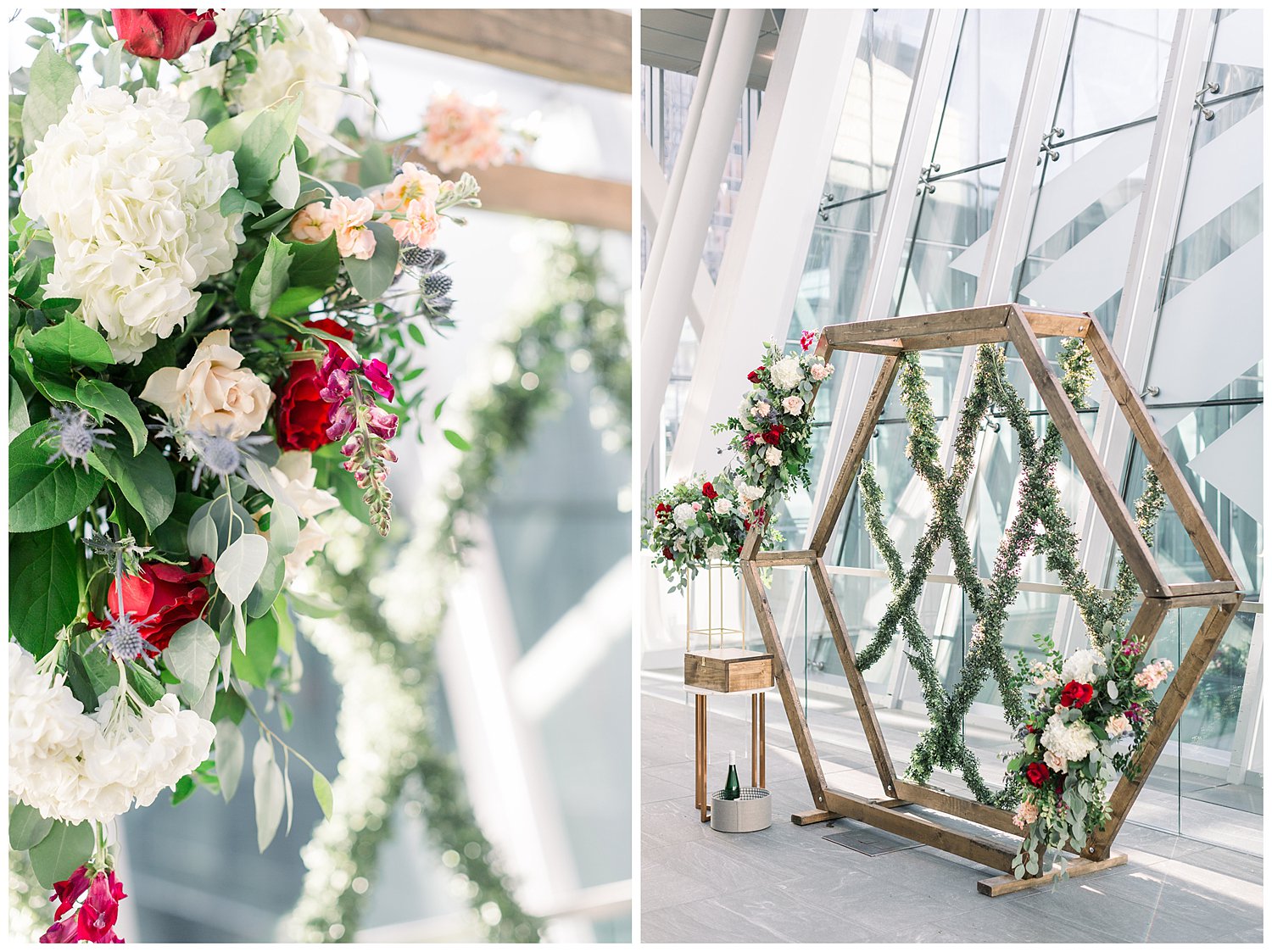 Red, white and greenery floral ceremony and hexagon alter 
