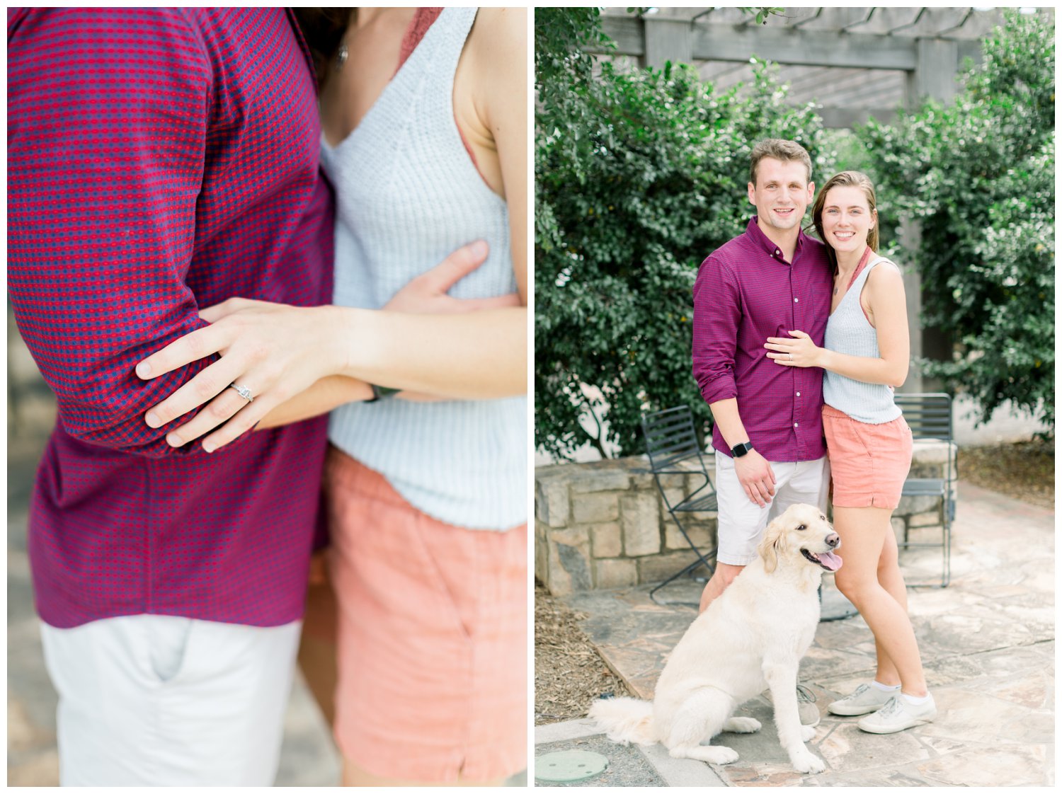 Uptown Charlotte proposal engagement photo with a dog